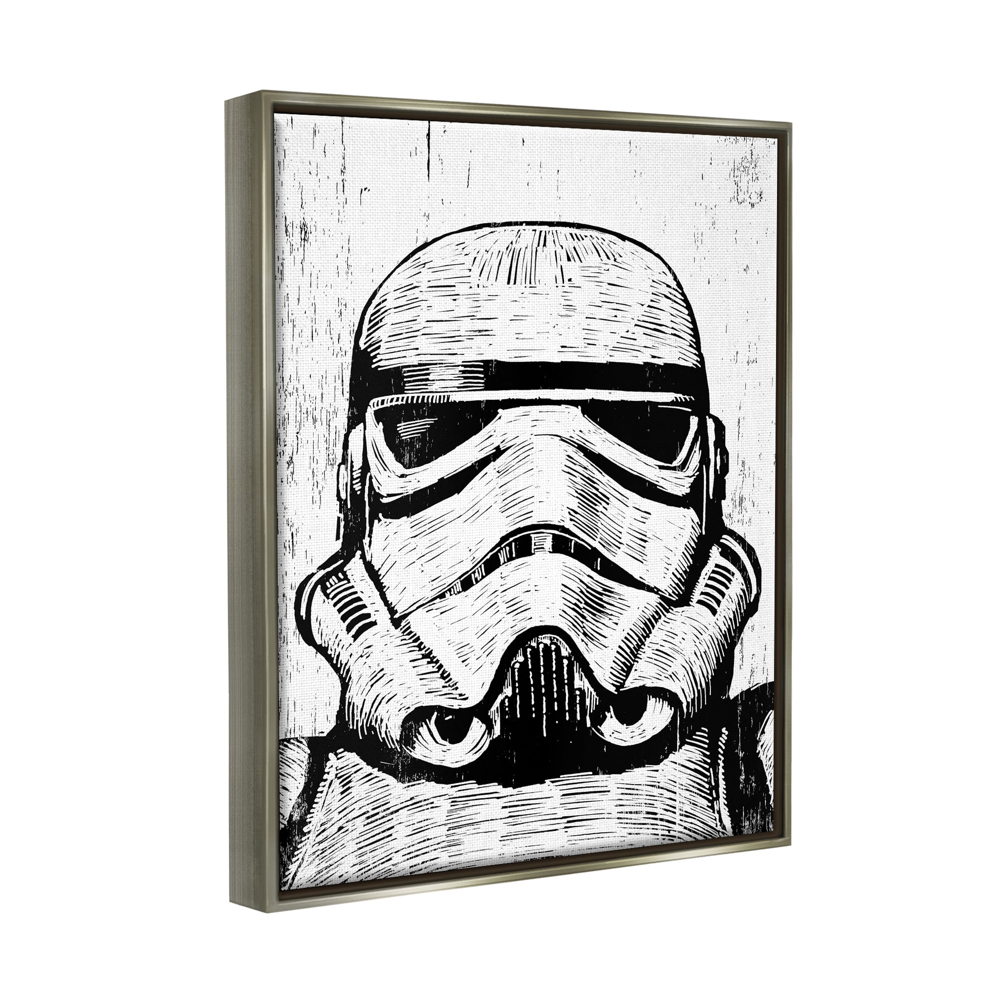 Stupell Industries Black and White Star Wars Stormtrooper Distressed Wood Etching Luster Gray Framed Floating Canvas Wall Art, 16x20, by Neil Shigley