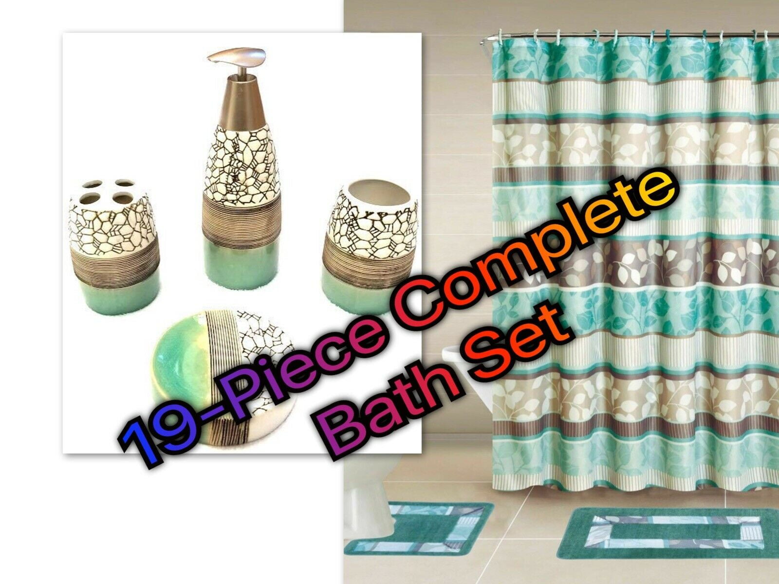 19Piece Complete Bathroom Set Rugs Shower Curtain Hooks Ceramic All