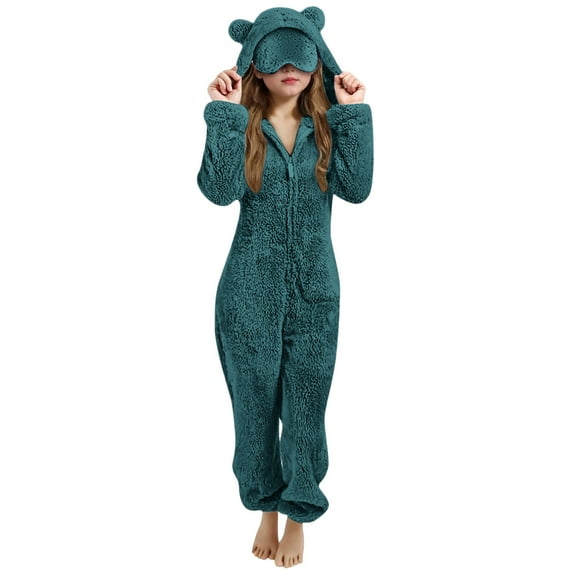 TBWNWG Girls Sleepwear Cozy Hooded Pajamas with Eye and Cat Ears for Winter Jumpsuit,Sizes 11-12 Years