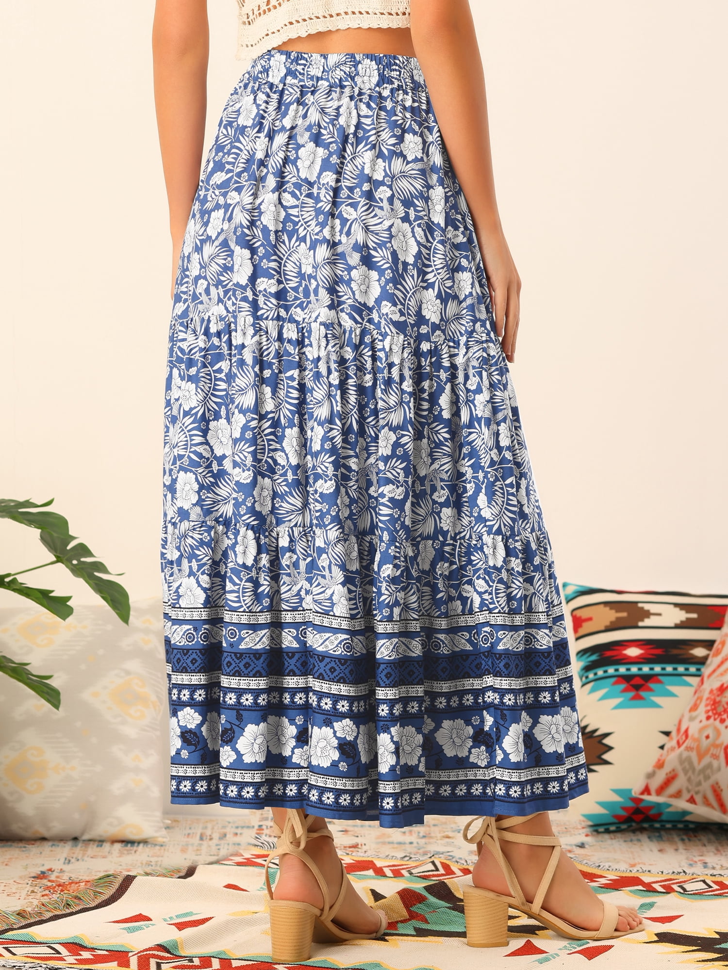 DARING DIVA Women's Bohemian Tassels Elastic Waist Casual Floral Maxi Skirt L Blue