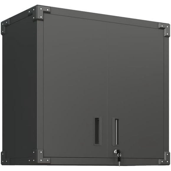 Metal Wall-Mounted Tool Storage Cabinet with 2 Locking Door 1 Adjustable Shelf 1 Opened Drawer for Garage Warehouse,Office,Assembly Required