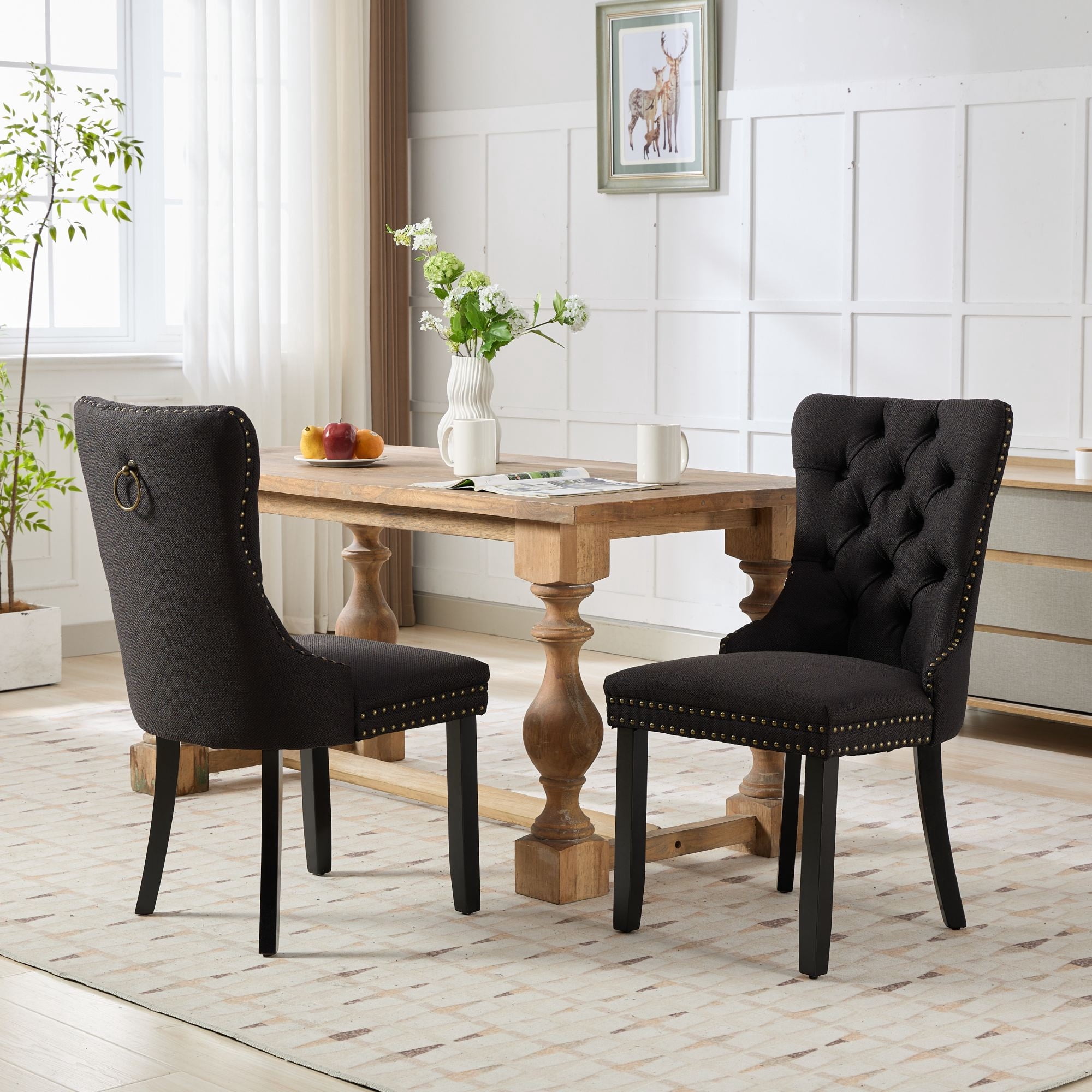 Miniyam Dining Chair Set of 2, High-end Tufted Contemporary Flax Upholstered, Black