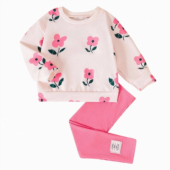 NIEWTR Children 2PC Loungewear Set Toddler Long Sleeve Clothes Round Neck Tee with Stretchy Full Length Pants Breathable Pajamas for 2T-5T(A-Pink,6-9 Months)