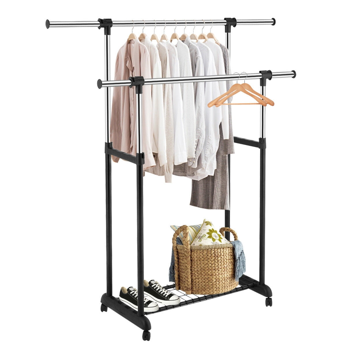 Double Rail Rolling Garment Rack Adjustable Clothes Drying Hanger