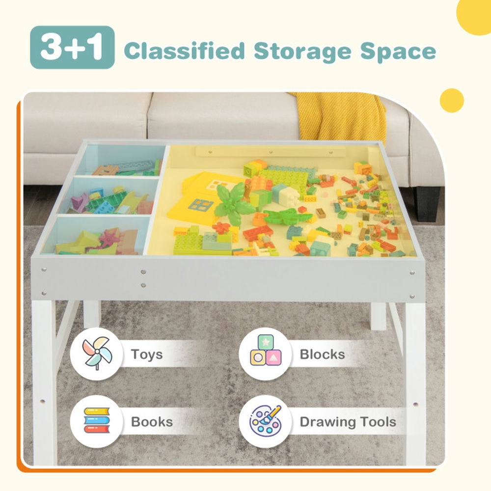 Spaco 3 in 1 Wooden Kids Table with Storage and Double-Sided Tabletop-White, Toddler Table and Chair Set for Arts & Crafts, Snack Time, Homeschooling, Homework