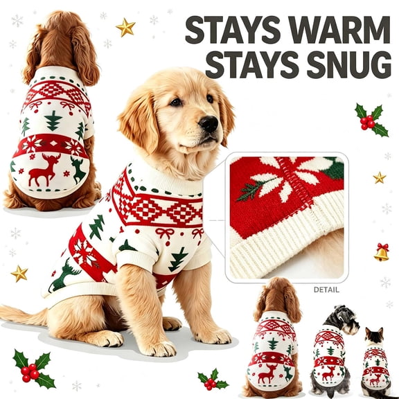 Dog Sweater for Dogs Christmas, Turtleneck Knit Pullover, Stretchy Warm Xmas Clothing, Leash Opening, Cozy Knitwear for Cold Weather, Matching Sweaters for Holiday Photos & Gifts, S