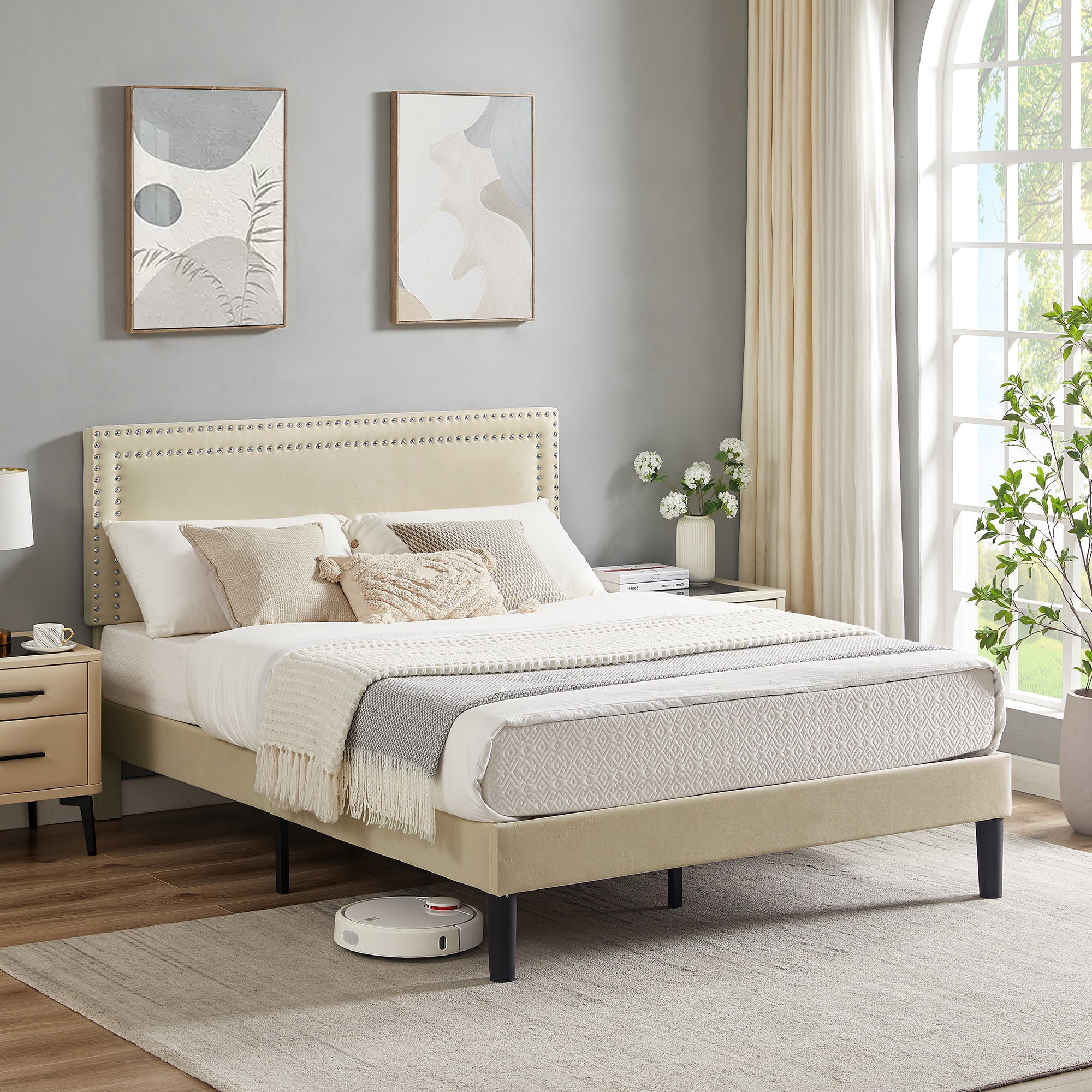 VECELO Queen Size Platform Bed Frame with Adjustable Height Upholstered Headboard, Strong Wood Slat Support, No Box Spring Needed, Beige