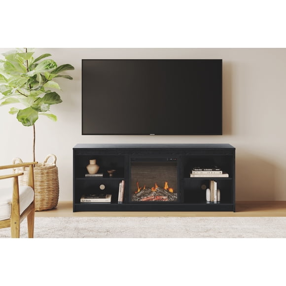 South Shore Axess Contemporary TV Stand for Living Room with Integrated Fireplace, in Black Oak