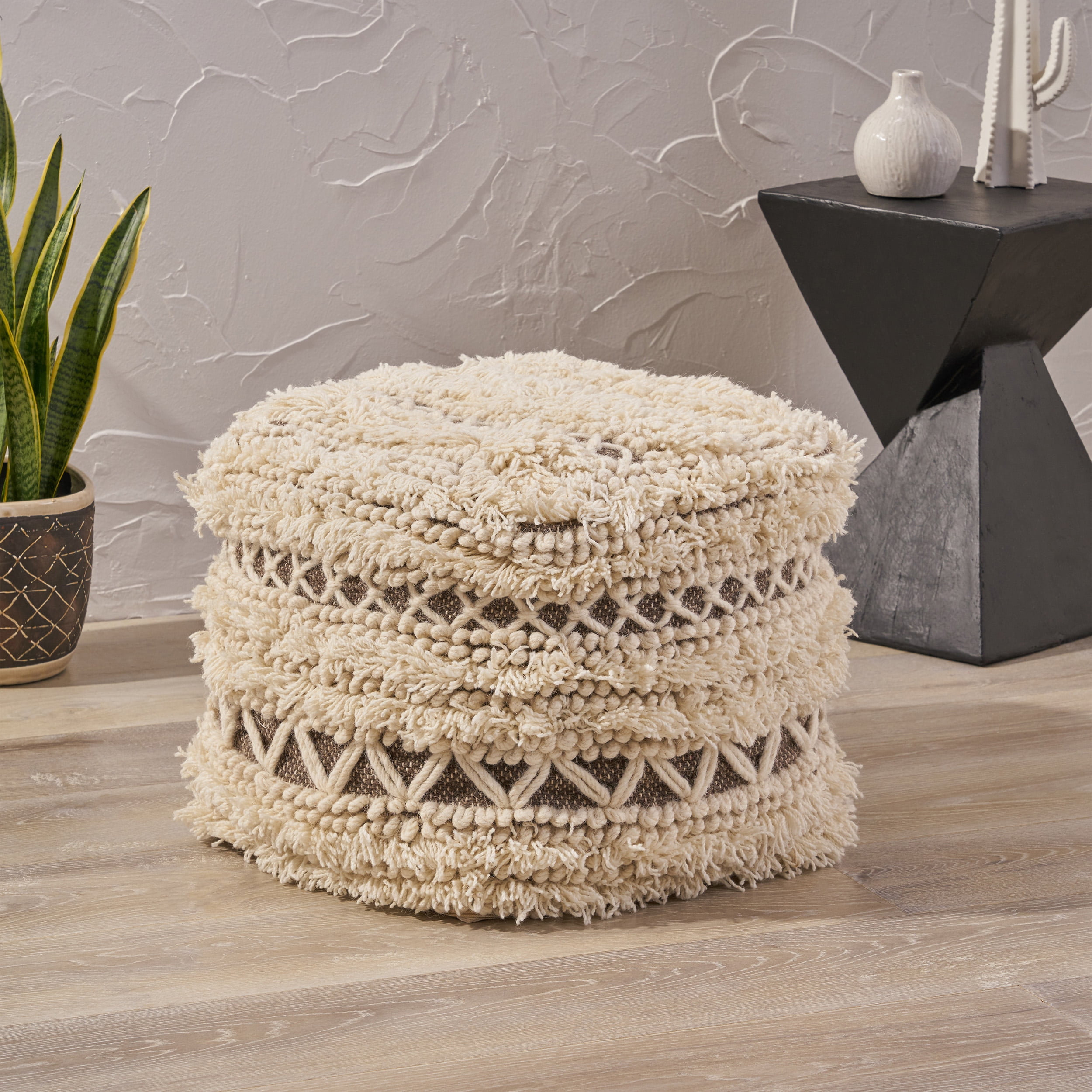 Noble House Isaac Boho Wool And Cotton Ottoman Pouf, Ivory, Gray ...