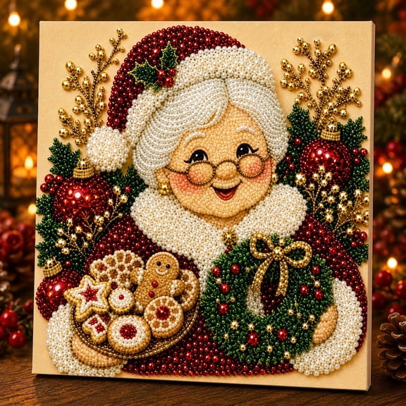 DOVACKA Mrs. Claus Pearl Diamond Art DIY Kit, 3D Pearl Painting Craft for Adults, DIY Fall Wall Decor, Beginner‑Friendly Seasonal Craft Gift for Christmas Party
