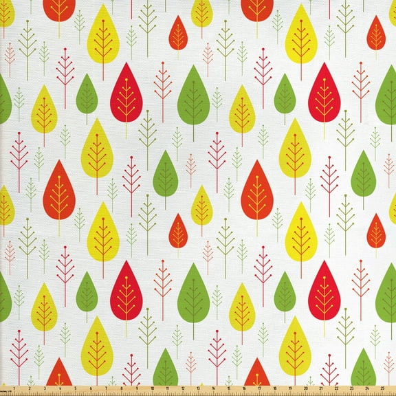 Autumn Fabric by the Yard, Minimalist Abstract Leaves Continuous Floral Plain Background Print, Decorative Upholstery Fabric for Sofas and Home Accents, Lime Green and Dark Coral by Ambesonne