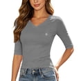 thumbnail image 2 of Scgaewj Women V Neck Ribbed Knit Top, 3/4 Elbow Half Length Sleeve Ruched Slim Fit Stretch T-Shirt, Soft Basic Dressy Casual Tunic Tees for Summer Autumn Daily Outfits, 2 of 2