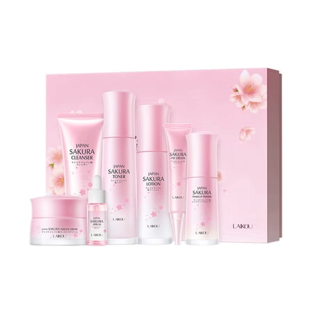 Skin Care Set JAPAN SAKURA Beauty Gift Sets Skin Care Kit with Cleanser, Toner, Lotion, Serum, Eye Cream, Face Cream, Make up Primer Travel Kit for Women Wife Mom 7pcs