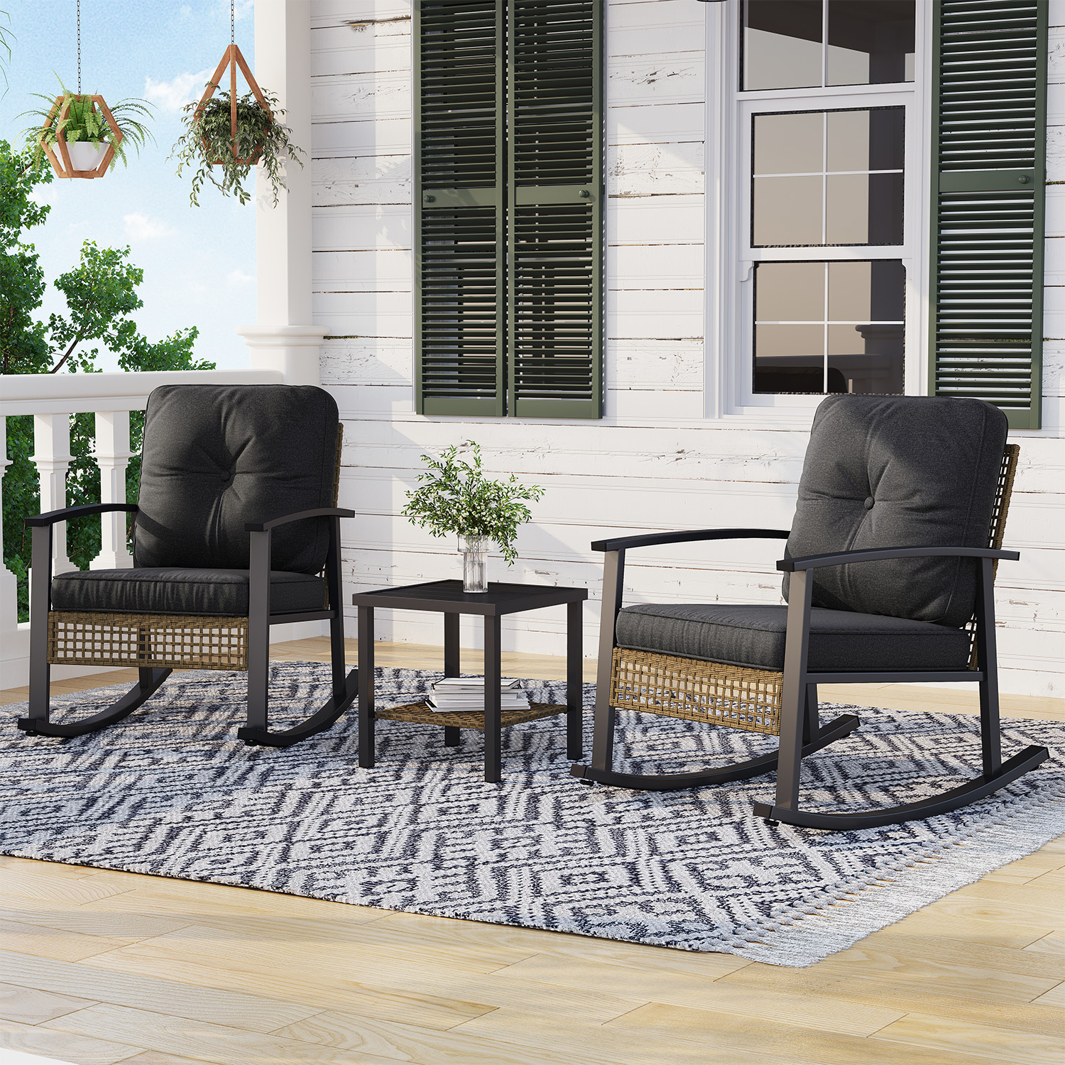 BaPiPro 3-Piece Outdoor Rocking Chair Set, PE Wicker Patio Furniture with Water-Resistant Cushions, Galvanized Steel Frame, 2-Tier Coffee Table, for Porch, Backyard, Poolside, Black