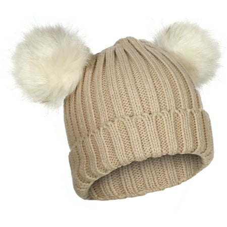 Off White Winter Beanie - Emmalise Women's Double Pom Pom Beanie Warm Winter Knit Hat