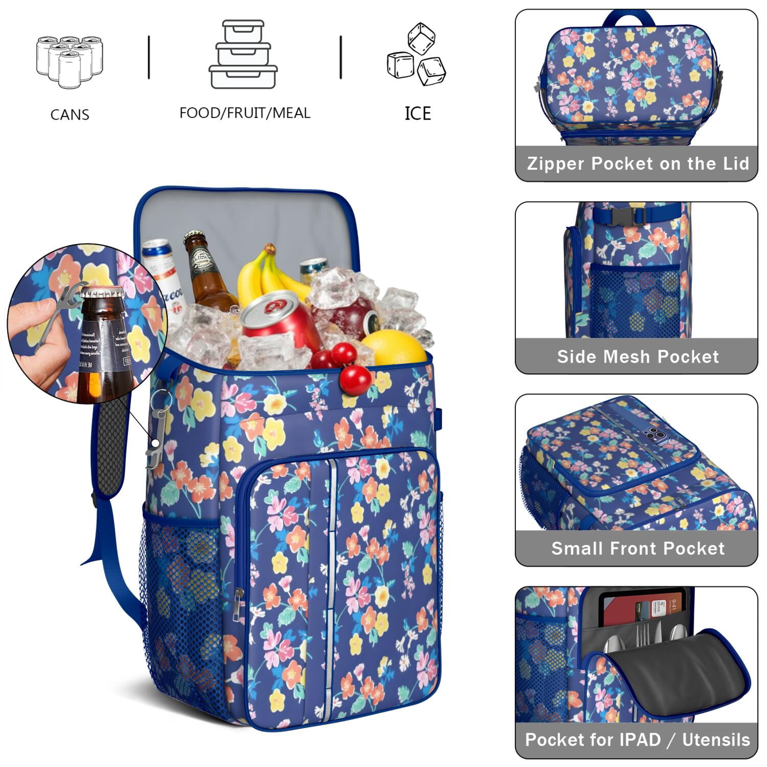Travel Cooler Bag - Pioneer Flower Floral Print Pattern Camping Beer Cooler Backpack with Bottle Opener- Waterproof Insulated Picnic Backpacks - Cooler Bag for Beach