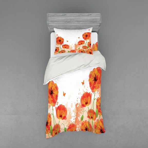 Ambesonne Flower Bedding Set 3 Pcs, Bridal Watercolor Art, Twin, Red White