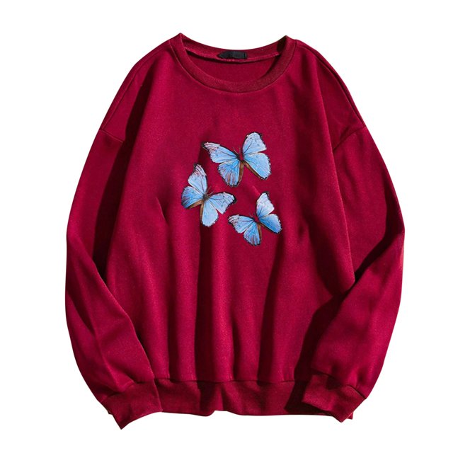 Moda mujer mariposa impresión casual manga larga o-cuello señoras sudadera tops Pompotops gfhjh8141