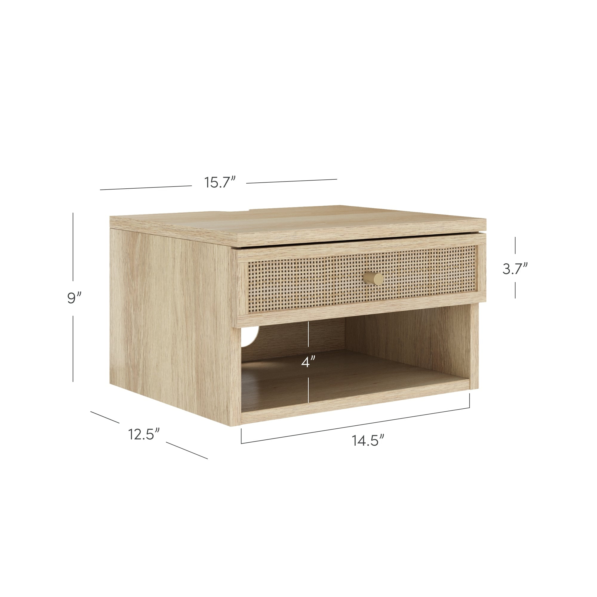 Nathan James Jackson Wall Mounted Rattan Floating Bedroom Nightstand with Storage Drawer and Modern Open Shelf Cubby, Light Oak/Rattan