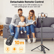 SelfieShow 52 Extendable Selfie Stick Tripod with Detachable Wireless Remote, 360° Rotatable Phone Holder for Video Vlog Recording, Portable Travel Stand Compatible with iPhone & Android (Black)