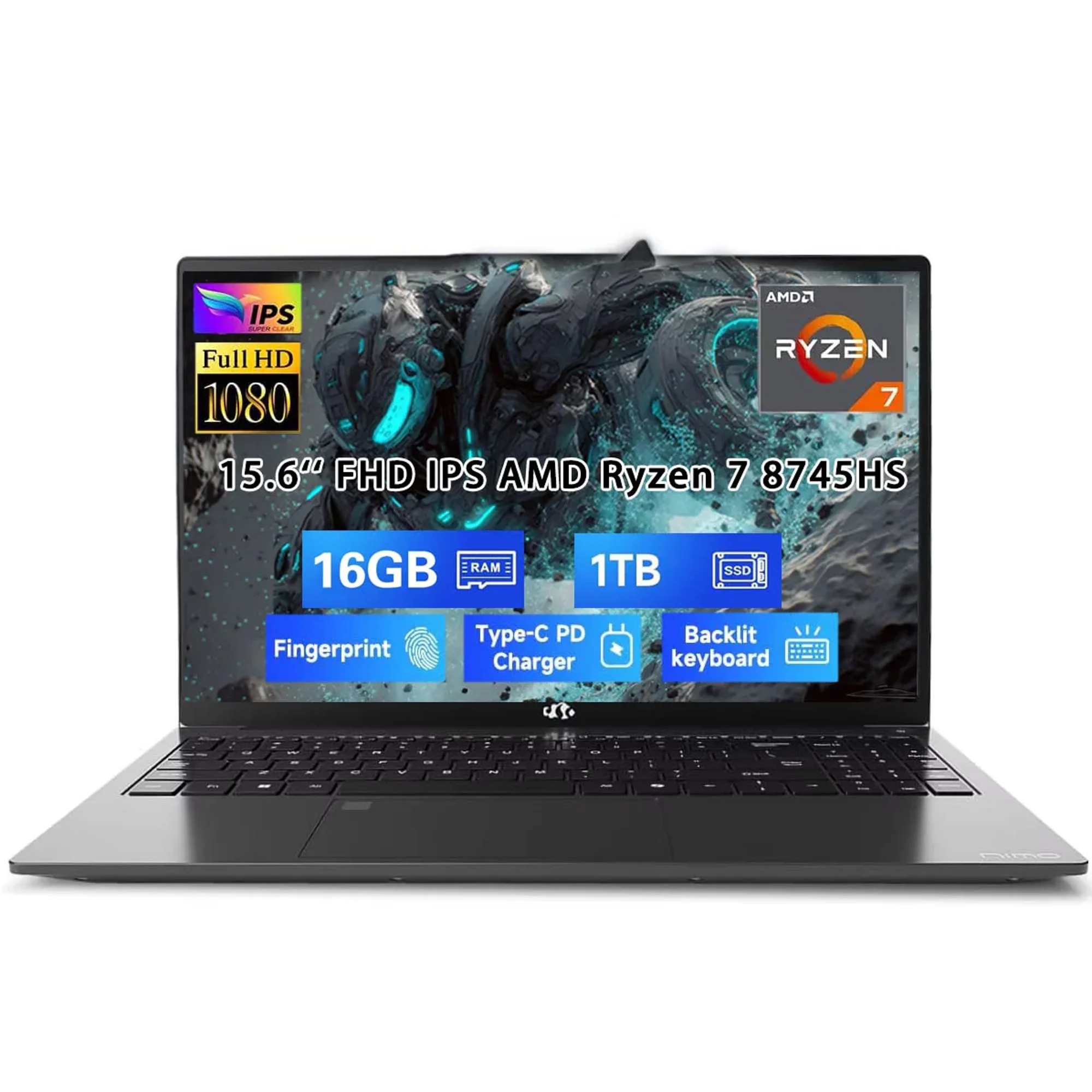 15.6" Gaming Laptop, AMD Ryzen 7 8745HS 8-Core (up to 4.9GHz), Radeon 780M Graphics, 16GB DDR5 RAM, 1TB SSD, FHD IPS Display, 100W Type-C, Backlit Keyboard, Fingerprint Black