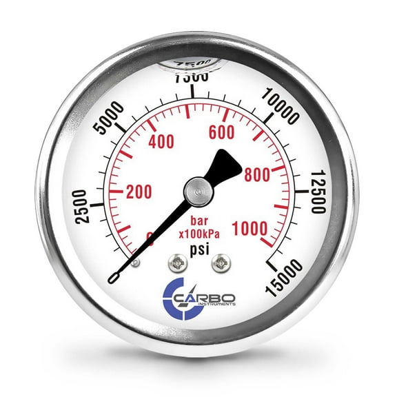 CARBO Instruments 2 1-2" Pressure Gauge, Stainless Steel Case, Chrome Plated Brass Connection, Lqiuid Filled, 0-15000 psi/kPa, Back Mount 1/4" NPT