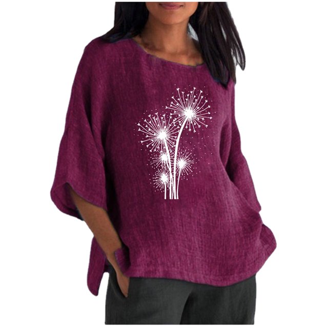 Hauts à Manches 3/4 pour Femmes Col Rond Coton Lin T-Shirts d'Été Graphiques Pissenlit Blouses Décontractées Amples T-Shirts