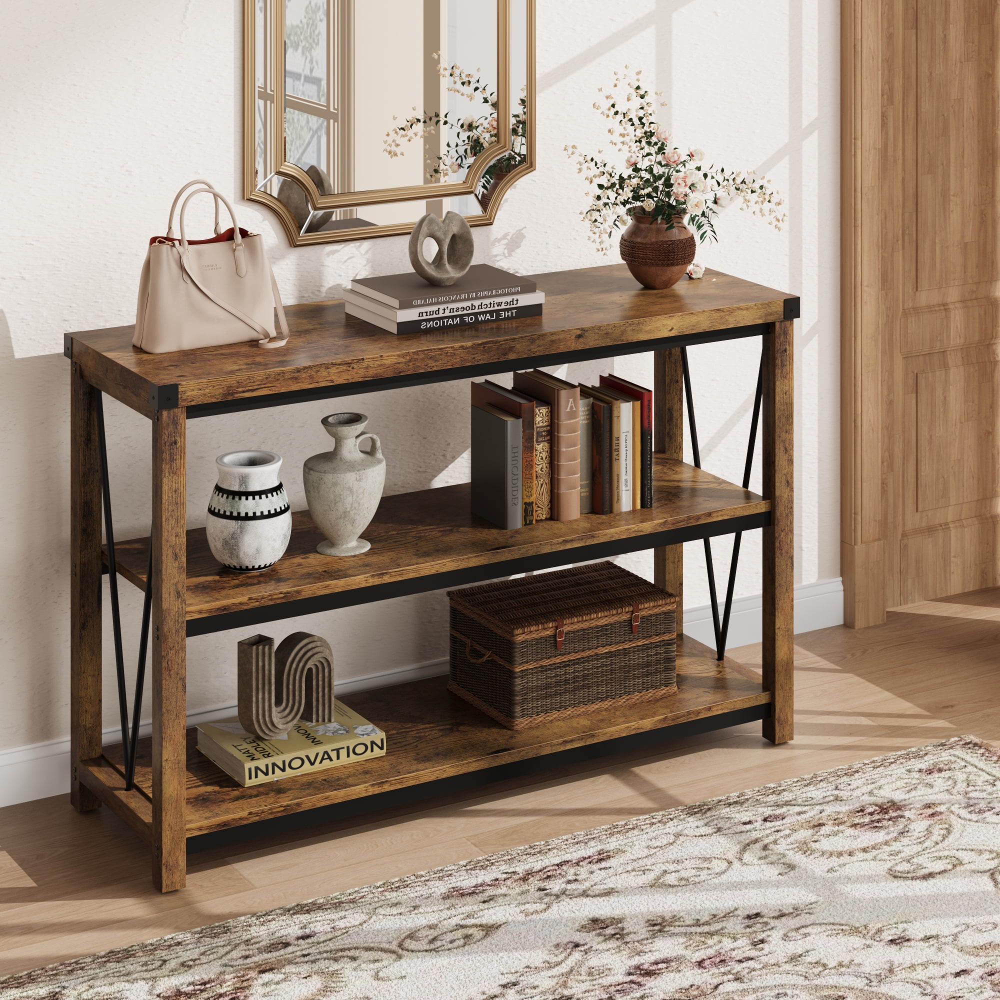M optimized Farmhouse Entryway Table, 47" Narrow Long Console Table with Storage, 3 Tier Wood Console Table for Living Room, Behind Couch Table, Hallway Table for Foyer, Entryway Furniture