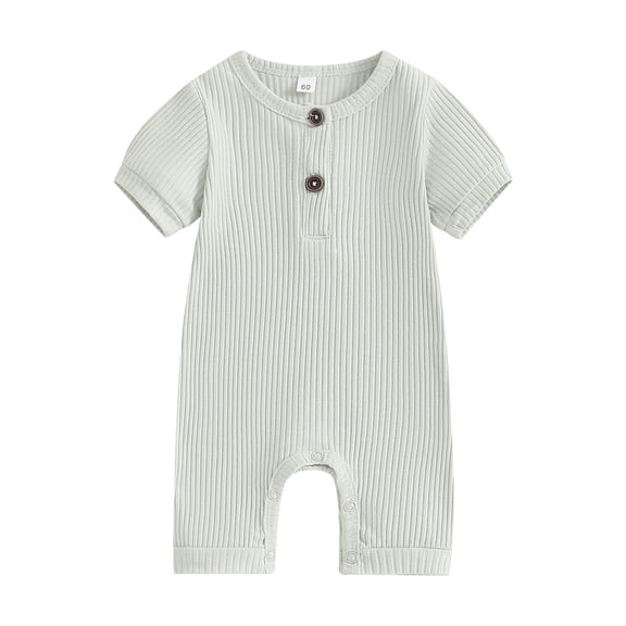 Caoirhny Newborn Baby Short Sleeve Romper Knit Ribbed Solid Color Cotton Jumpsuits One Piece O-Neck Button Pajamas Playsuit