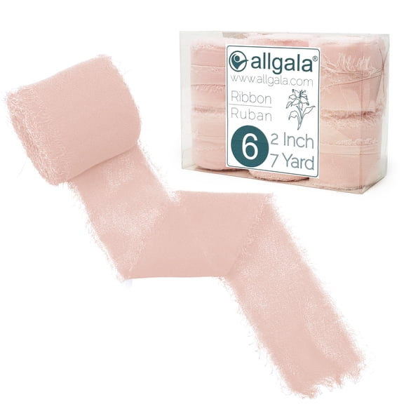 Allgala 6 Roll 2" x7yd Pink Color Handmade Rustic Fringe Frayed Chiffon Ribbon for Bridal Wedding Gift Packing, Flower Bouquet Arrangement Wrapping DIY Craft