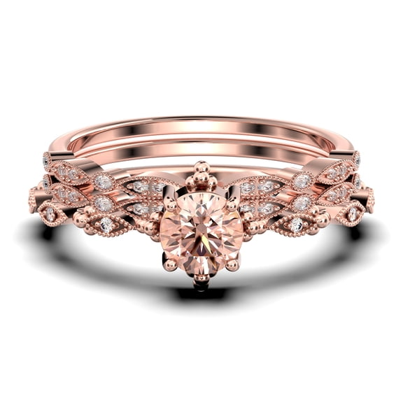 Antique Dazzling Boho & hippie 2.25 Carat Round Cut Morganite And Diamond Moissanite Unique Engagement Ring, Wedding Ring in10k Solid Rose Gold, Affordable Gift For Woman, Trio Set, Matching Band