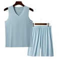 thumbnail image 2 of Men's Ice Silk Cool Pajamas Set Workout V Neck Tank Top Pjs Sets with Shorts 2 Piece Soft Sleeveless Casual Sleep Shirts Loungewear L-4XL Blue, 2 of 3