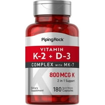 Vitamin K2 MK7 with D3 | 180 Capsules | 800 mcg Complex | Vitamin D3 5000 IU | Non-GMO, Gluten Free | By Piping Rock
