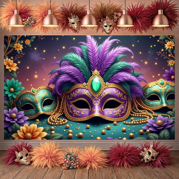 Purple Feather Mardi Gras Banner Gold Accent Carnival Display Green Bead Glittery Design Festive Backdrop for Mardi Gras Party Carnival Celebration Festive Event