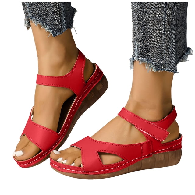 Sandales Compensées pour Femmes Respirantes Antidérapantes Sandales de Marche Bride à la Cheville Légères à Enfiler Chaussures Habillées Rouges Taille 8