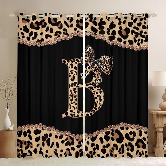 Homewish Cartoon Monogrammed B Black Out Curtains for Teens, Leopard Cheetah Print Curtains Pack of 2 (42x63 Each), Modern Fashion Bedroom Curtains, Window Curtains Decor