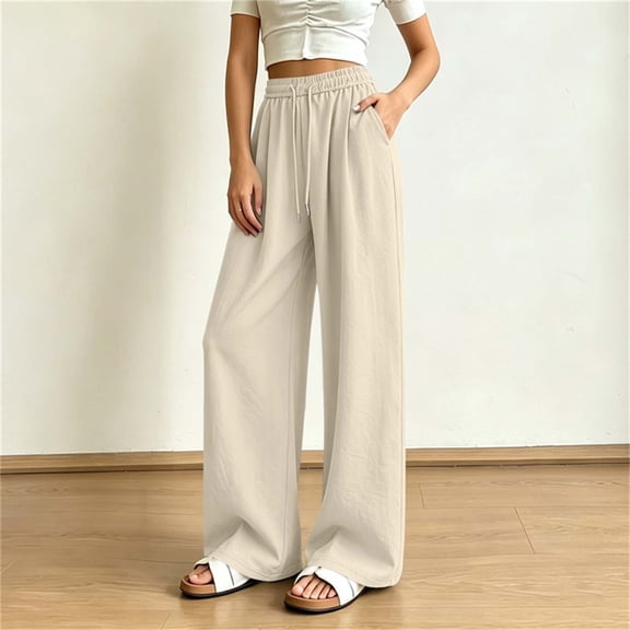 Mifsaly Women Pants Casual High Waist Wide Leg Palazzo Pants Lightweight Relaxed Fit Comfort Bottoms for Beach Lounge Work and Travel Beige,XL