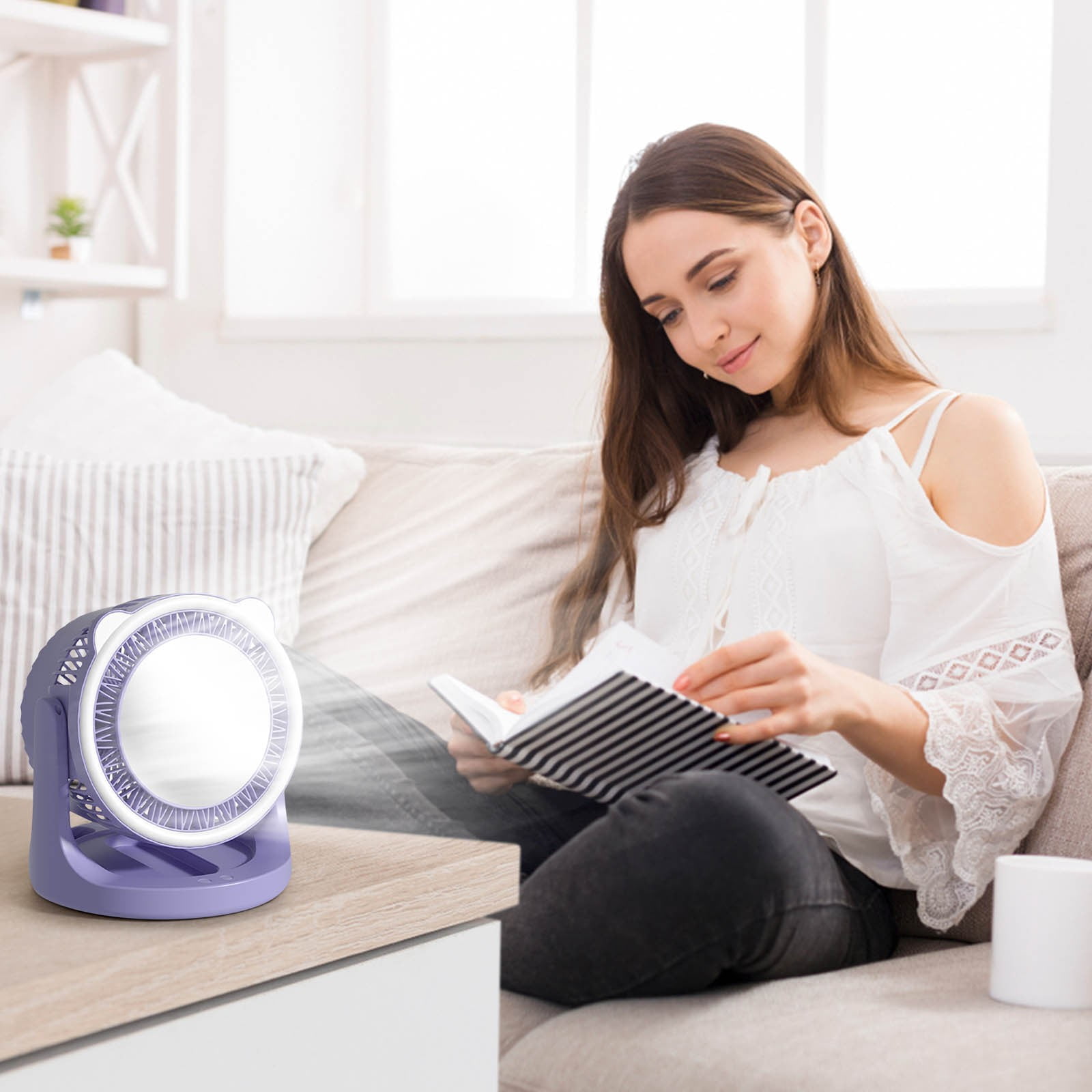 LSLJS USB Desk Fan, Portable Desktop Table Fan with Mirror & LED Lights, 180°Rotatable 3 Speeds Strong Airflow Quiet Operation Cooling Fan, Hanging/Standing Small Personal Fan for Home Office Bedroom