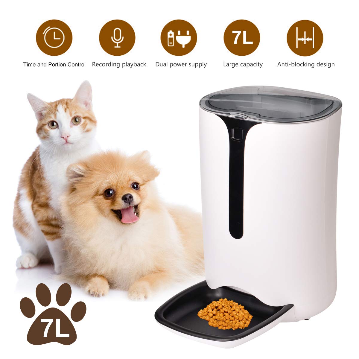 Automatic Pet Feeder, 7L Dogs Cats Food Dispenser with Voice Record Remind, Timer