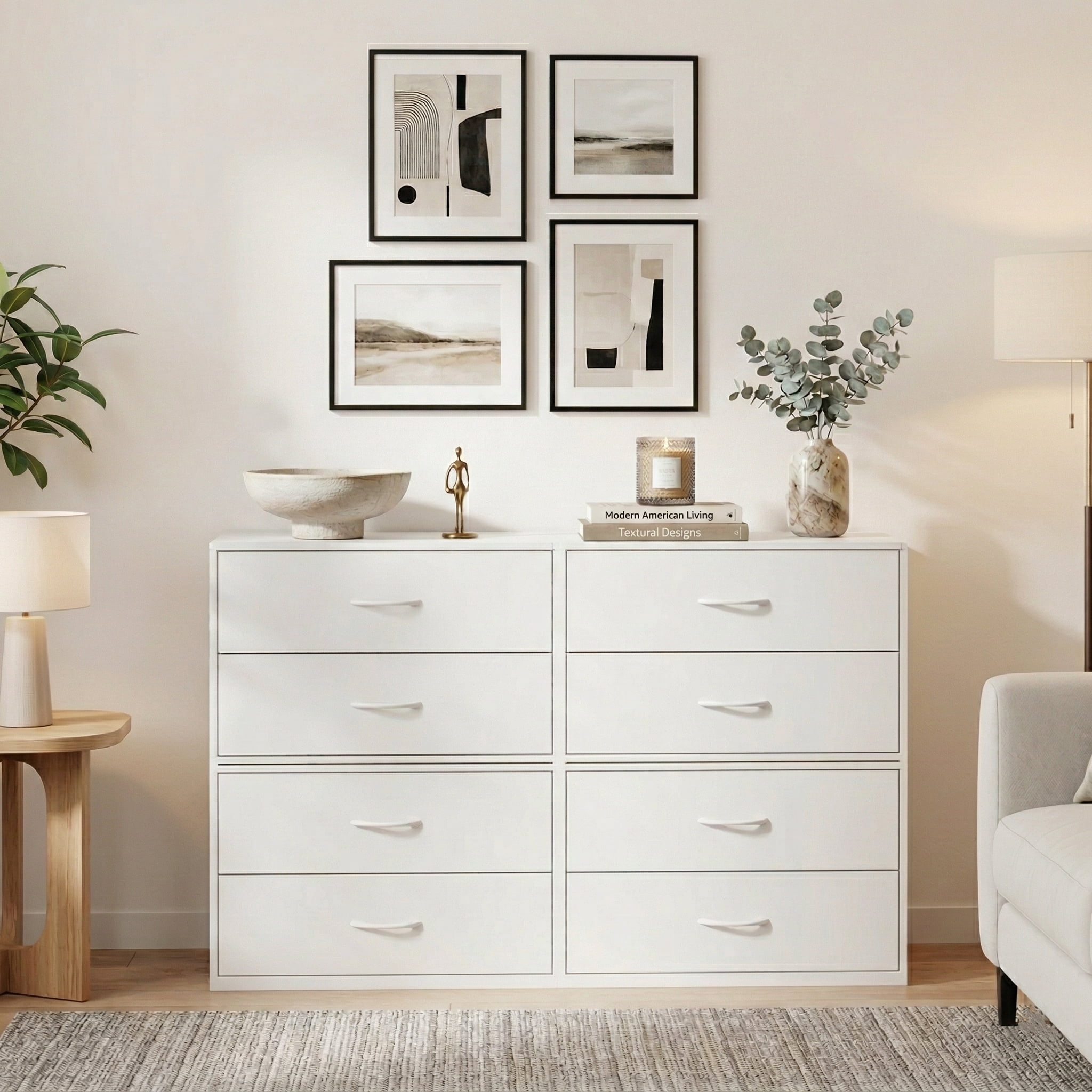 Prilinex 2-Drawer Dresser Set of 4, Stackable Wood Storage Chest with Anti-Tip, Modern Bedside Furniture & Nightstand for Bedroom, Closet Organizer, White Small Dressers