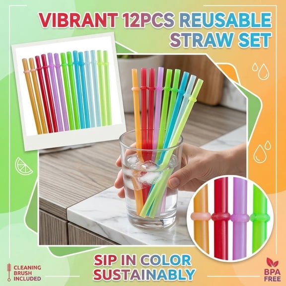 Plastic Straws for Tumblers, Smoothie Straws Reusable, 10 in, Clear Straws Plastic, Wide Bore, Thick Blended Drinks, Back Yard Picnics, Multi Color, 12 Pc Pack