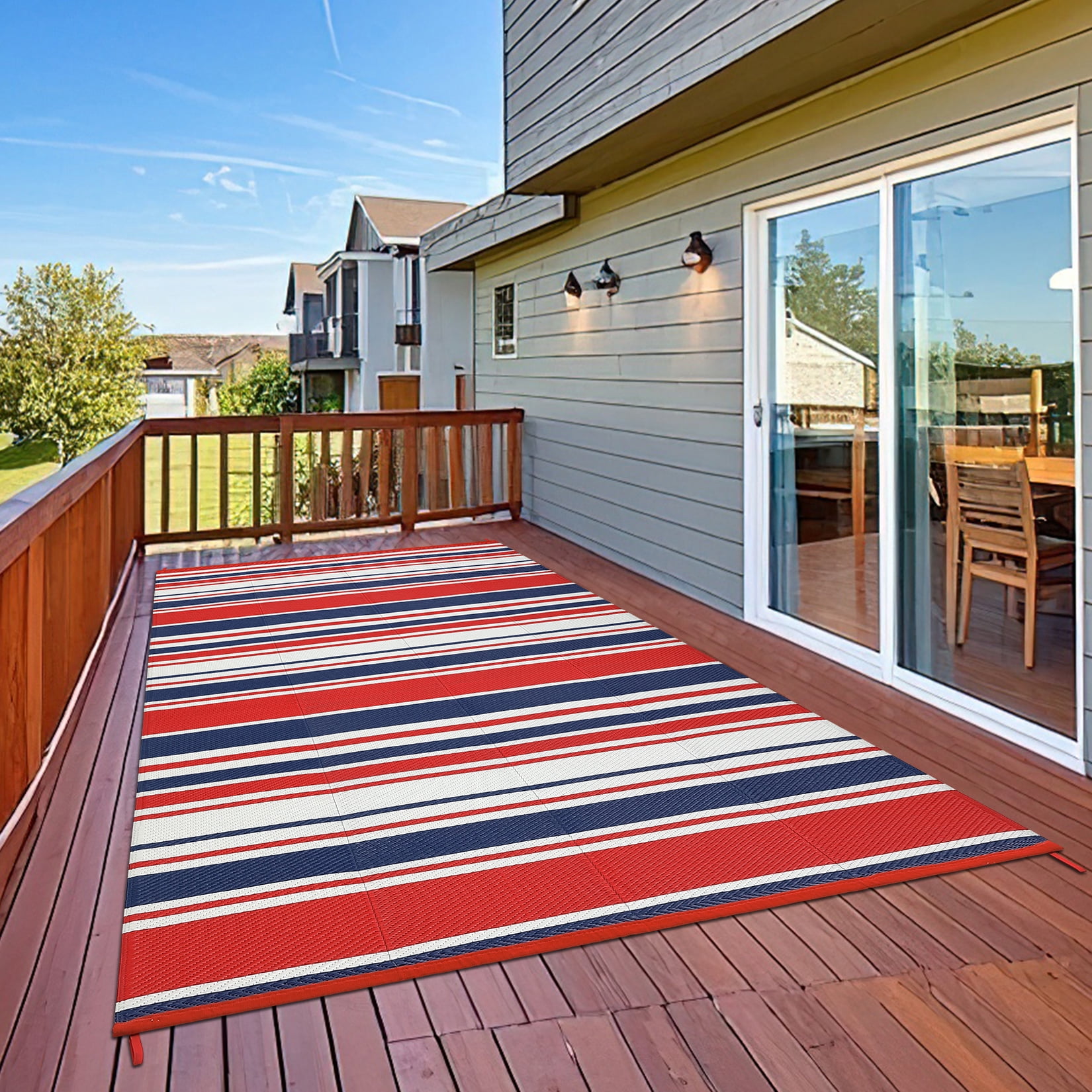 FairOnly 9'x18'Red Blue Modern Gemetric Outdoor Rugs Reversible Stain Resistant Area Rug for Camping picnic