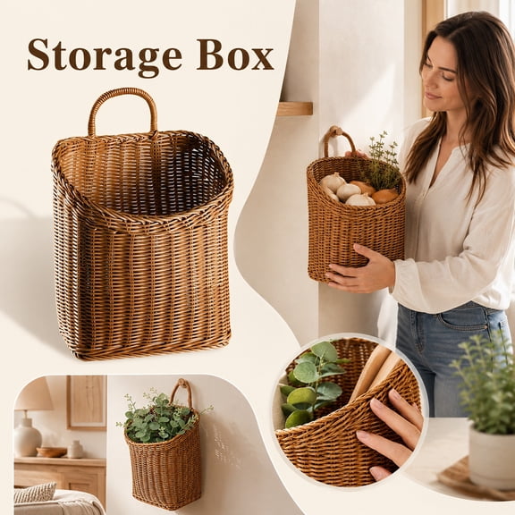 Woven Wall Hanging Basket,Artificial Rattan Wall‑Mounted Storage Organizer, Farmhouse Hanging Wicker Basket for Kitchen, Bathroom, Entryway Home Decor
