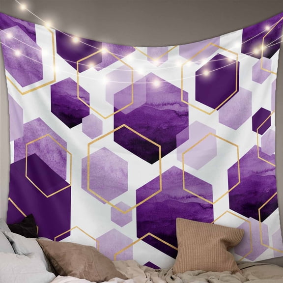 Purple Geometric Tapestry for Bedroom Wall Hanging Tapestry, Gold White Hexagon Modern Ceiling Backdrop Tapestries Poster Blanket Wall Decor for Teens Room Living Room Dorm 51" x 59"
