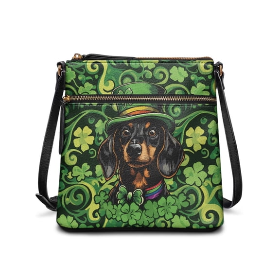 LedBack Dachshund Print Leather Hobo Bag Satchel Handbag St.Patrick's Day Crossbody Shoulder Bag Green Leaf Messenger Purse with Adjustable Strap for Women Lady, Green