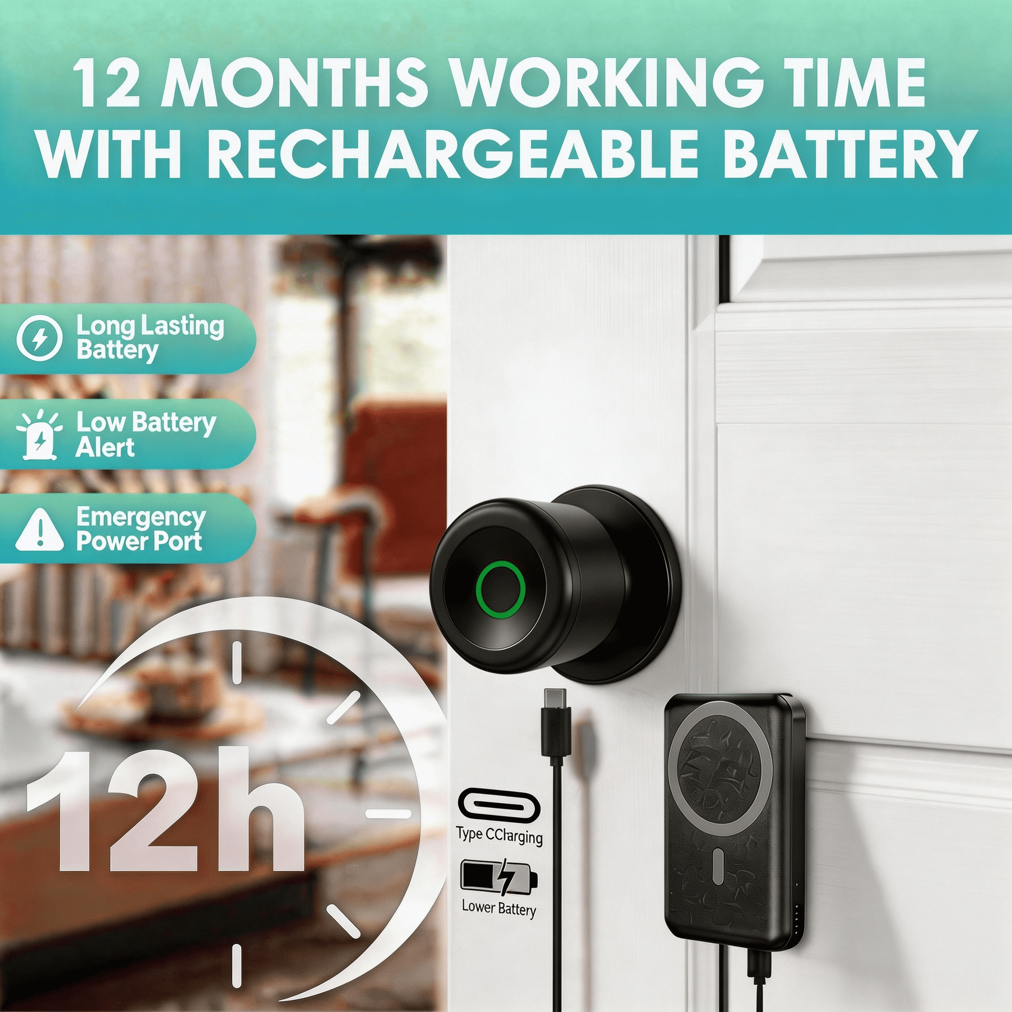 Fingerprint Door Lock, Smart Fingerprint Door Knob with Lock, Biometric Door knob with App Control & Key, Keyless Thumbprint Entry Door Lock for Bedroom, Front Door, Home, Apartment Office