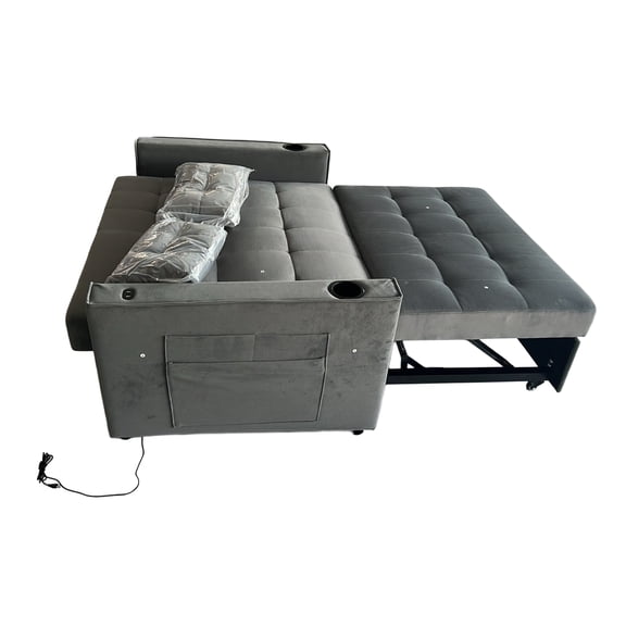 Koiauber 3-In-1 Convertible Sofa Bed,Velvet Loveseat Sleeper with Put Out Bed and Adjustable Backrest,Sofa Bed Couch with Cup Holders,Side Pockets,USB Ports and 2 Pillows