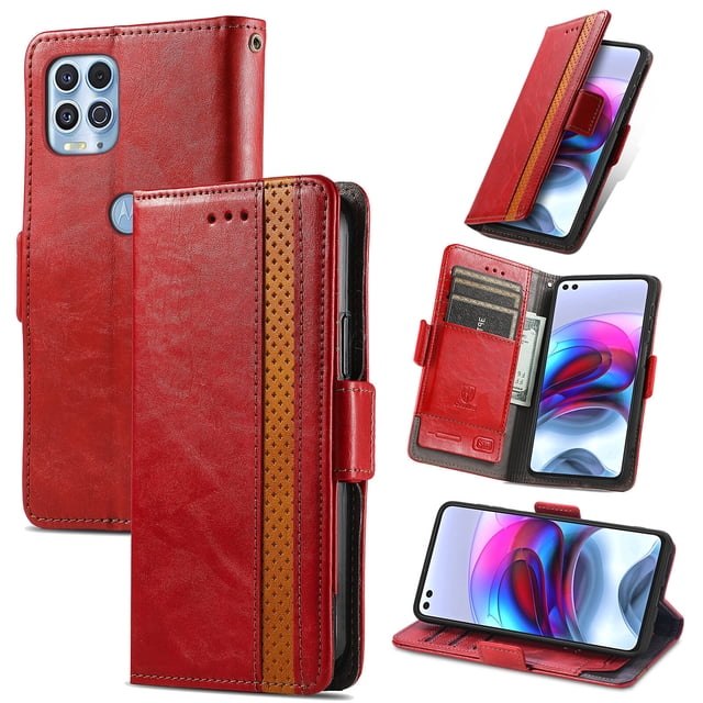 Case for Motorola Moto Edge S Cover Leather Wallet Folio Case Book Design Flip Magnetic Closure - Red