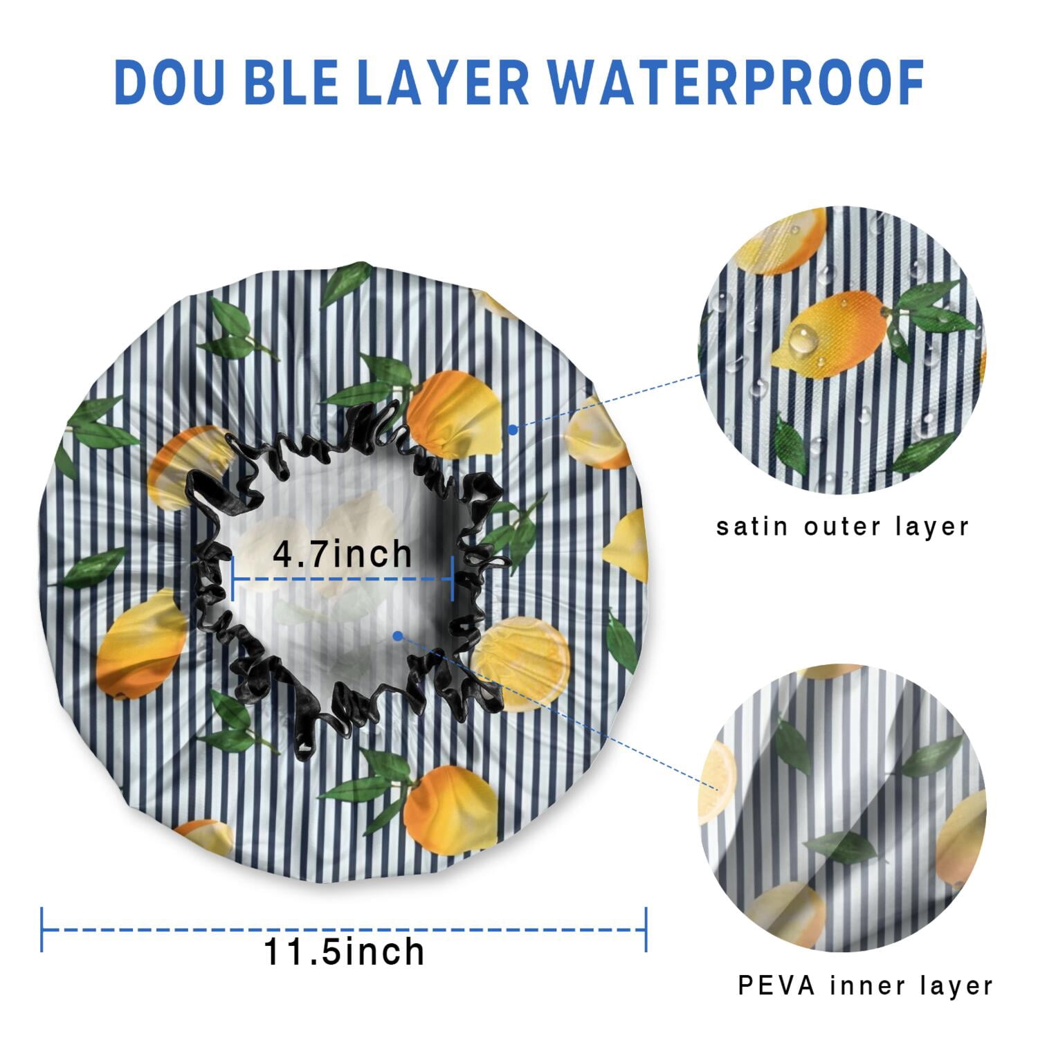 Shower Caps,Yellow Lemon Fruit Leaves Waterproof Shower Cap for Women 4 Pieces,Double Reusable Hair Cover for Shower PEVA Elastic Stretch Hem