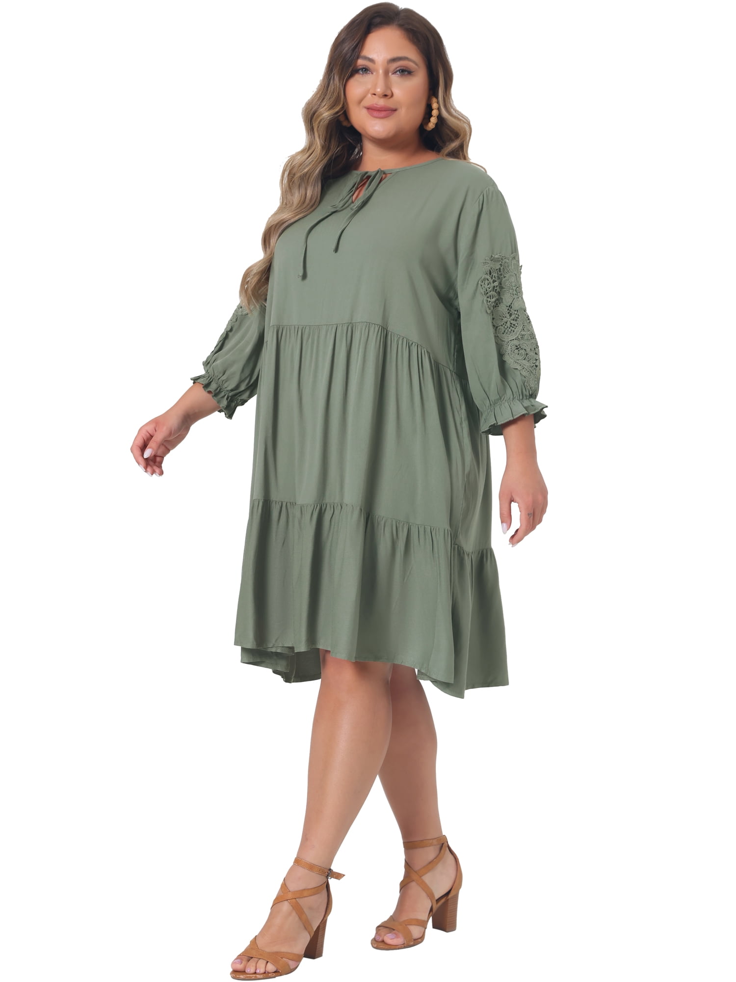 DARING DIVA Women's Plus Size Tie Neck Lace Sleeve  Ruffle Midi Flowy Dress 3X Green